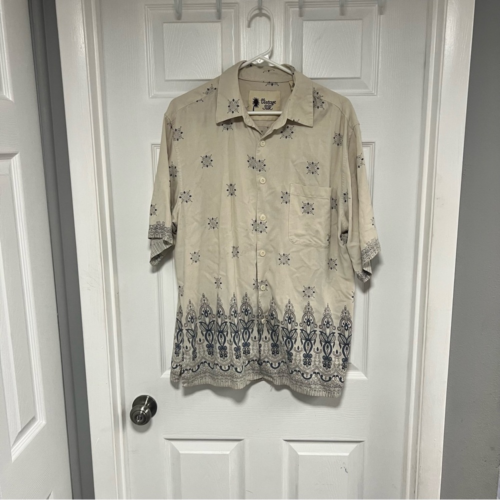 Men's Beige and Blue Patterned Shirt 100% Silk Size L